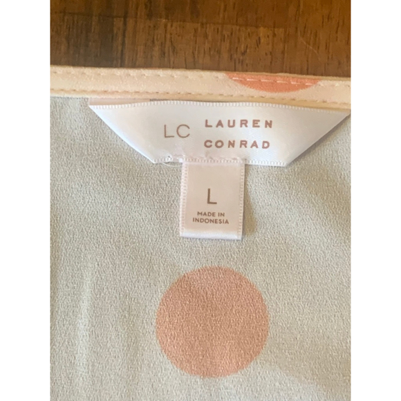 Lauren Conrad Dress Large White Peach Polka Dots Faux Wrap MIDI Flutter Sleeves - Picture 6 of 11